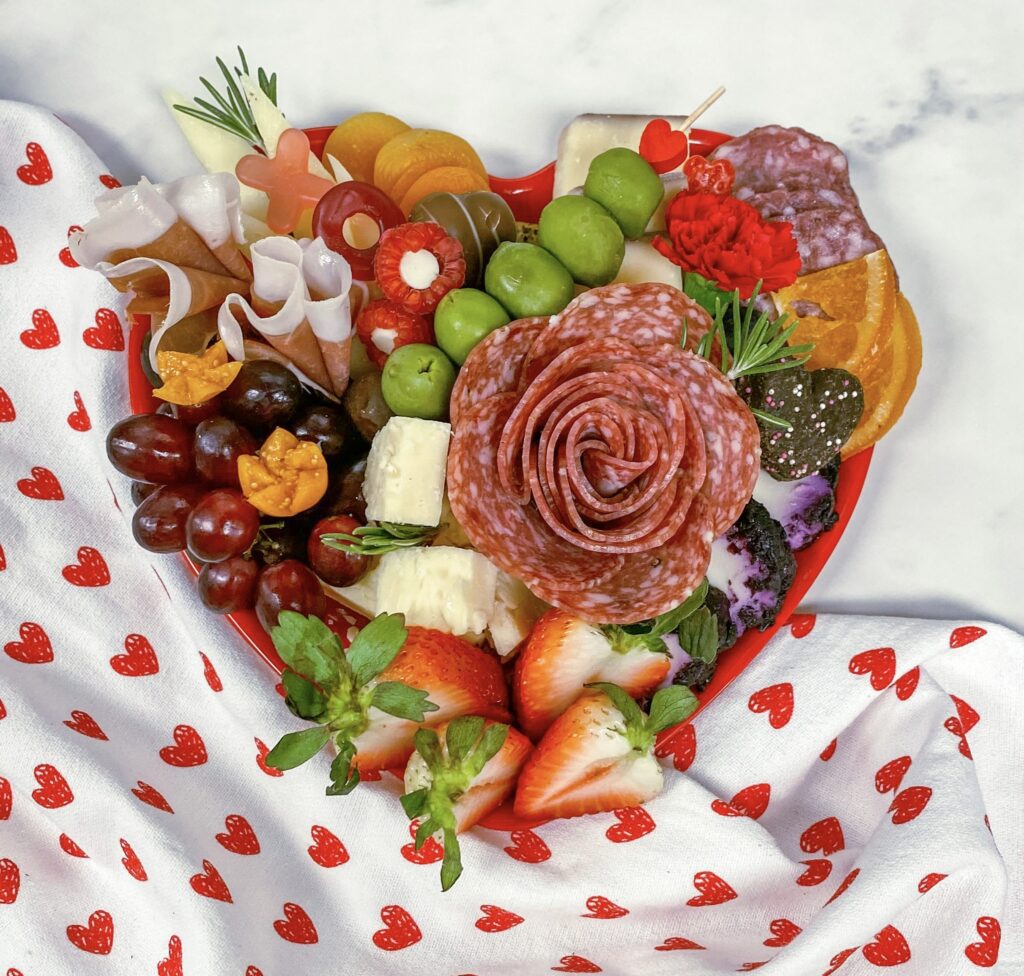 overhead view of valentines day themed charcuterie tray