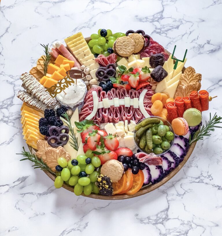 overhead view of super bowl themed charcuterie board
