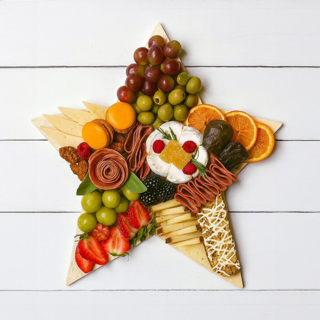 star-shaped charcuterie board with artisan meats cheese and fruit