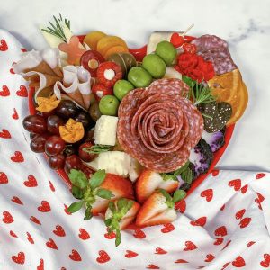 overhead view of valentines day themed charcuterie tray